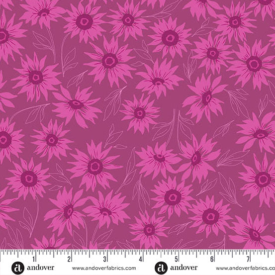 Pink floral pattern on a pink background with Andover Fabrics label.