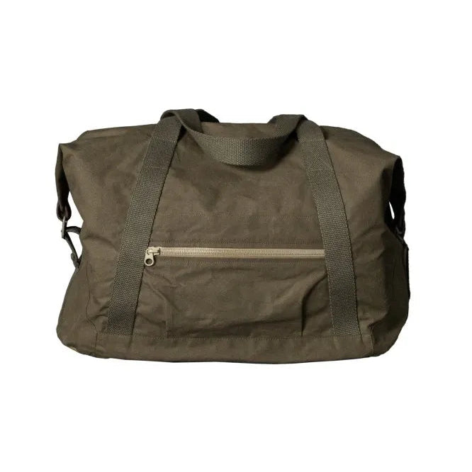 Green duffel bag with a visible zipper on a white background