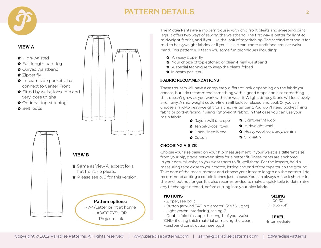 Paradise Patterns - Protea Pants - PDF and Printed Pattern
