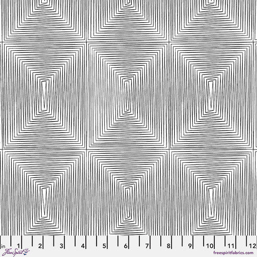 Black line drawing of a rectangular shape on a white ground, repeated to create an effect of diamonds where the sides of rectangles align.