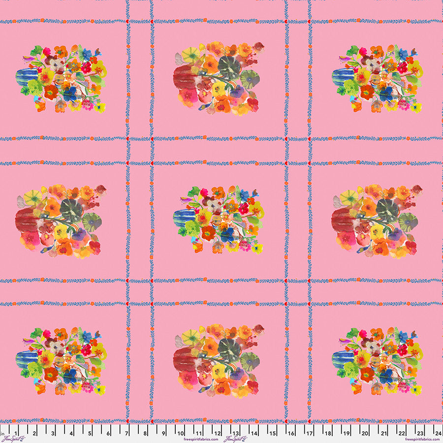 Large watercolor effect multicolored floral motifs within a square bordered by teal and red botanical stripes all on a pink ground. 