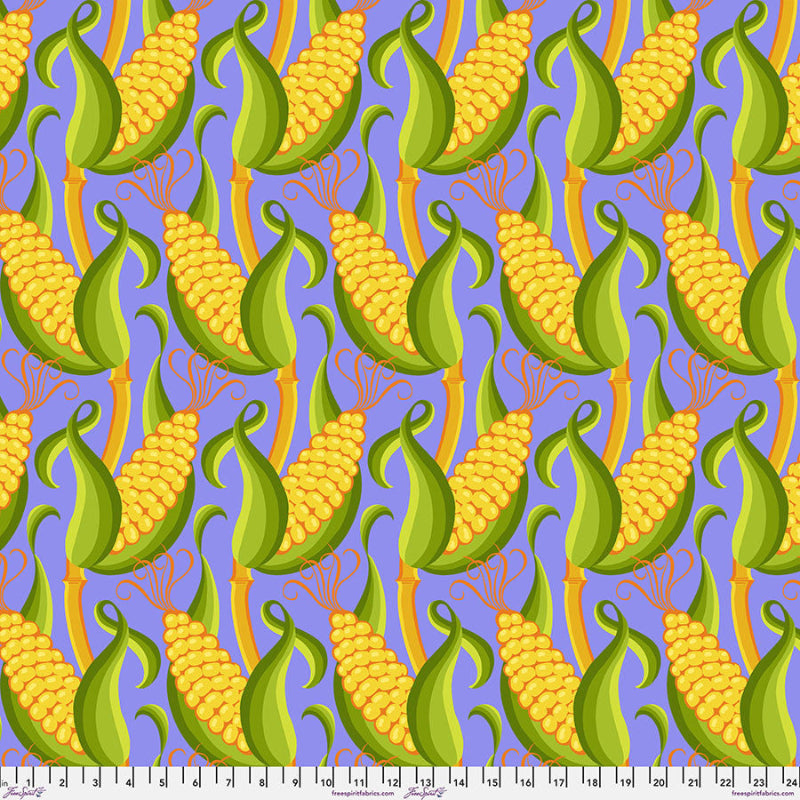 Stylized yellow corn on the stalk with green husks on a blue ground