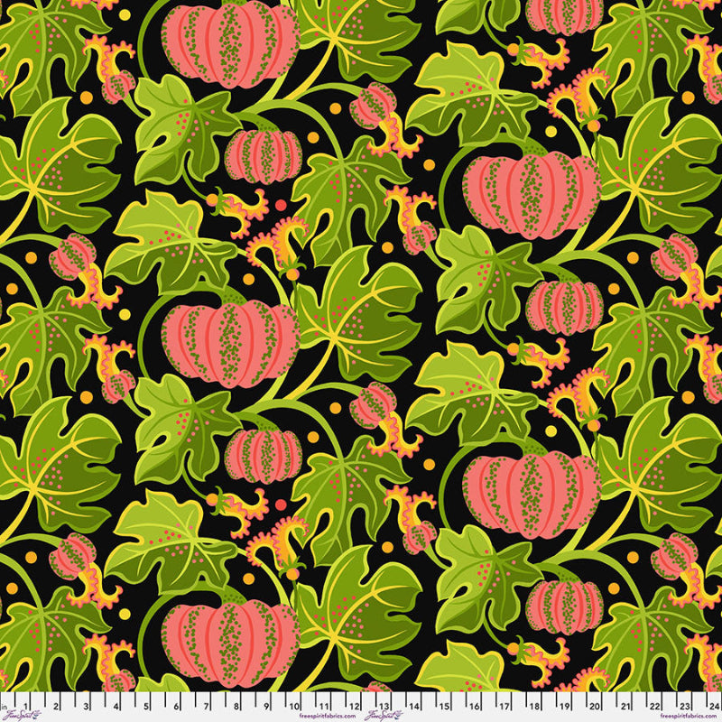 Stylized pumpkin vine with pink pumkins and green leaves on a black ground. 