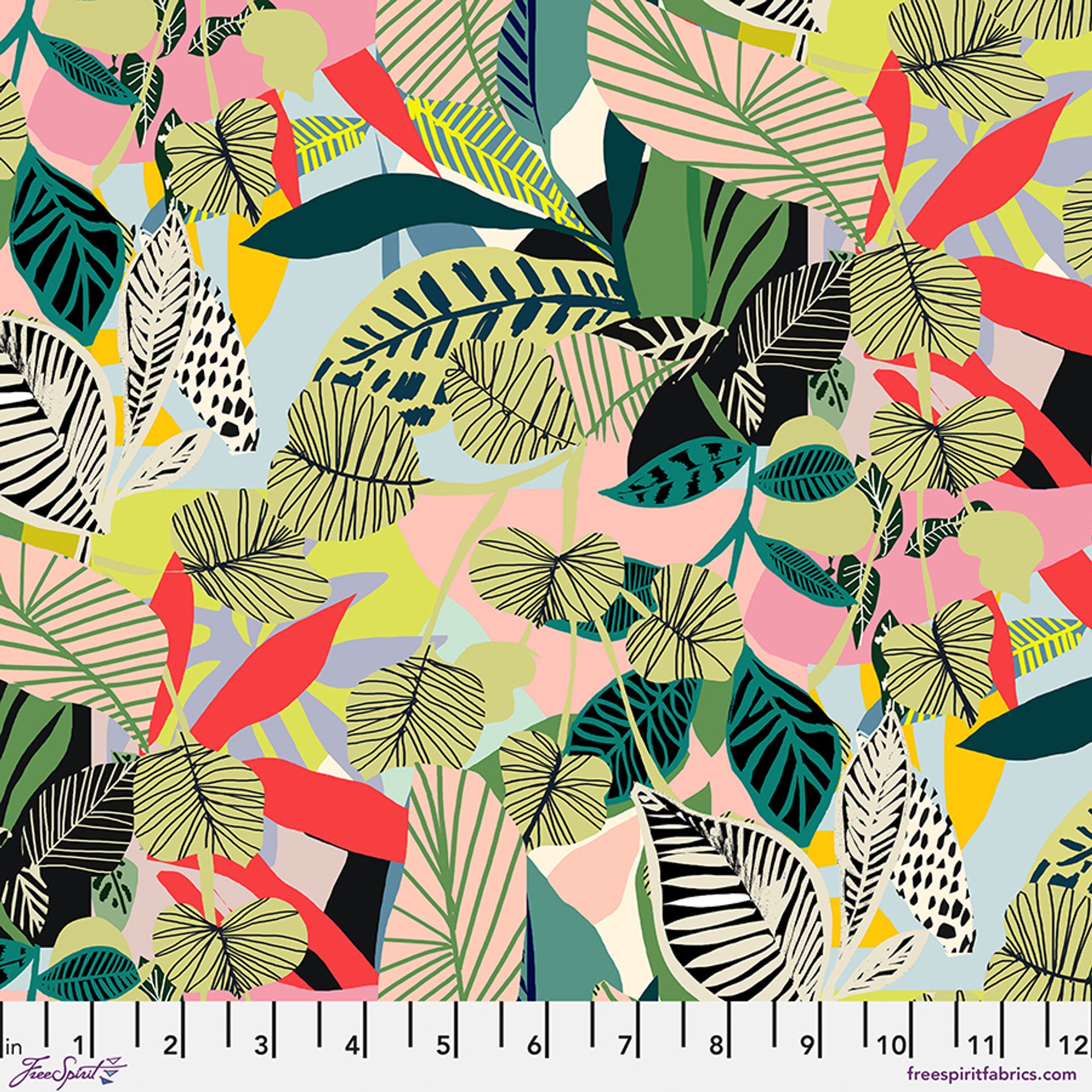 Fabric with vibrant multi colored tropical leaves on multi colored background