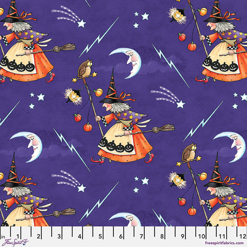 Fabric with colorful witches, lightning bolts and stars on a purple background.