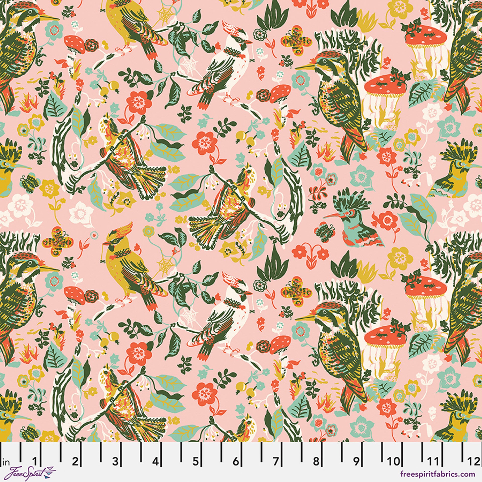 Fabric swatch with multi colored birds with branches on mushrooms on a pink background