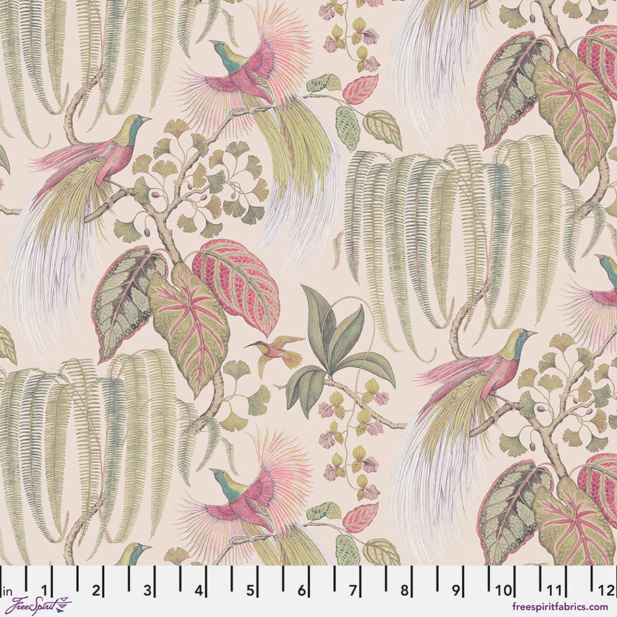 Tropical foliage and birds of paradise in colors of darker pinks and shades of green on a pale blush background.  