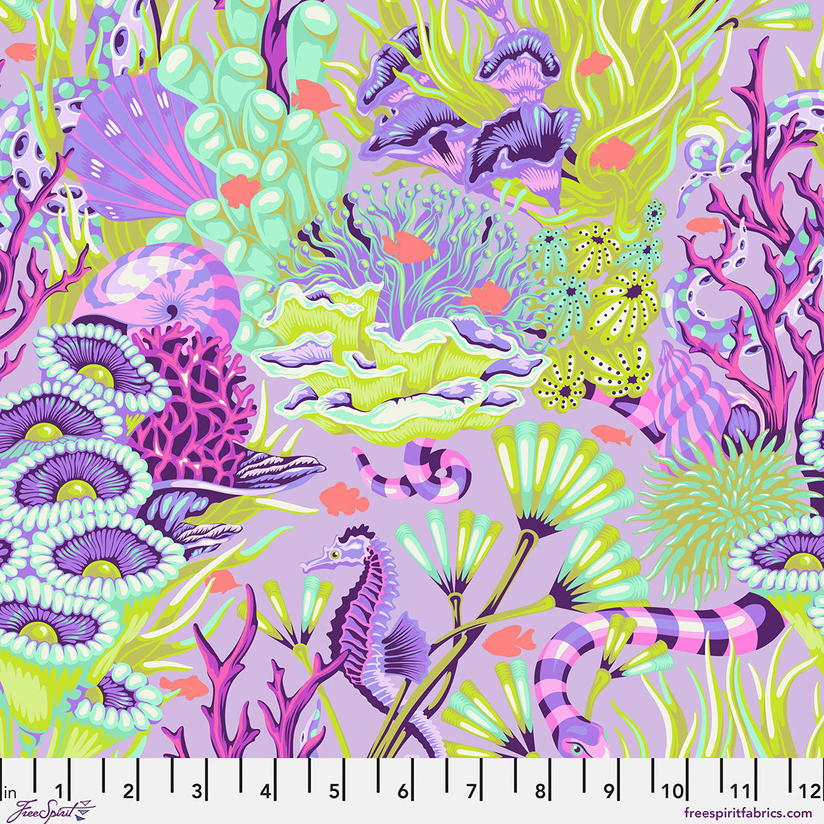 Reef of corals, seagrasses, and animals in vivid shades of teal, green, pink, purple, and coral