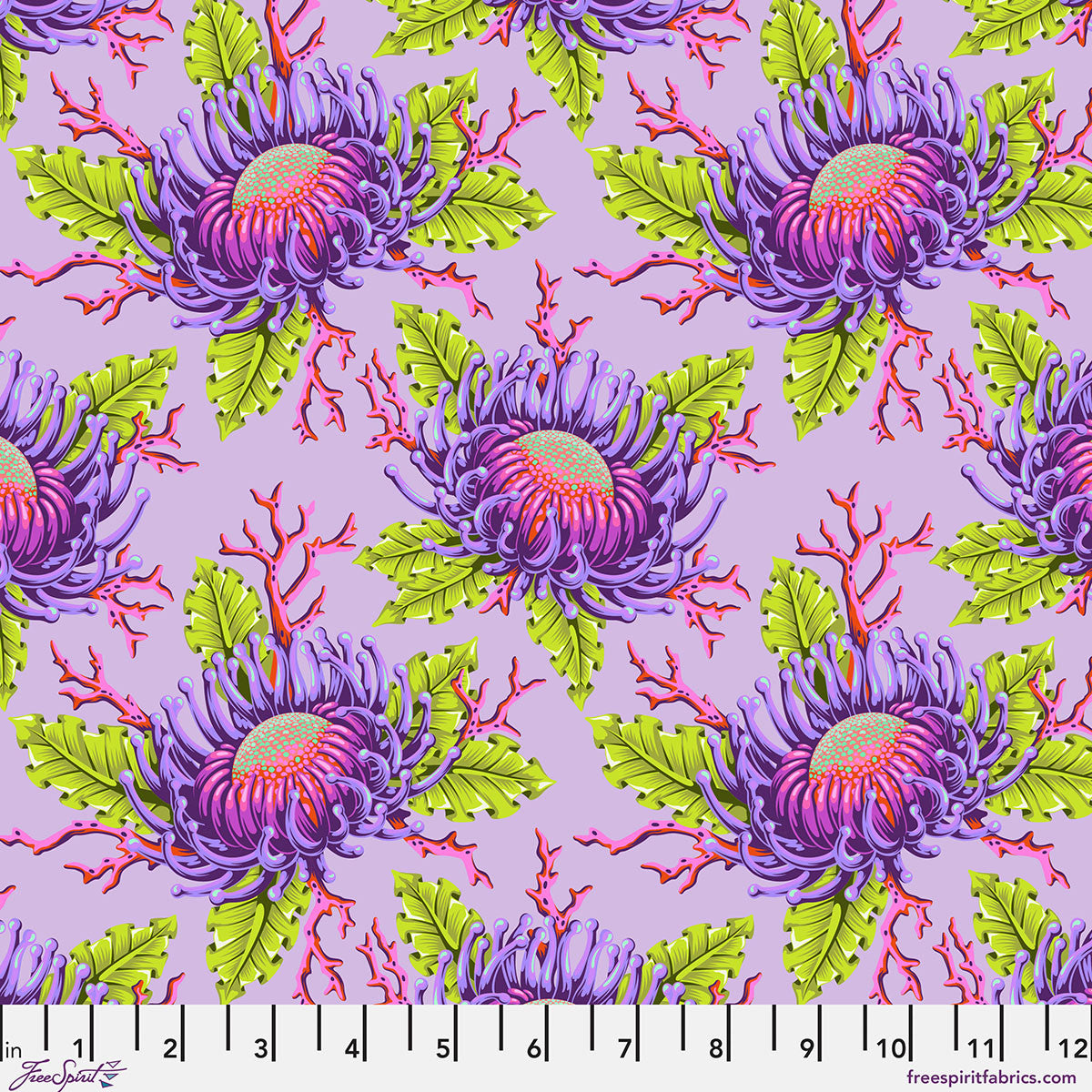 Pink and purple anemones with coral and seaweed, designed to look like a flower