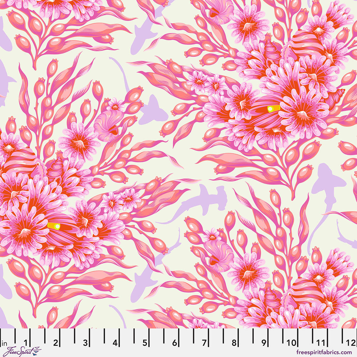 Bouquets of seaweed and shells in shades of pink with a golden pearl at the center. Shark shadows swim between boquets on a pale cream background