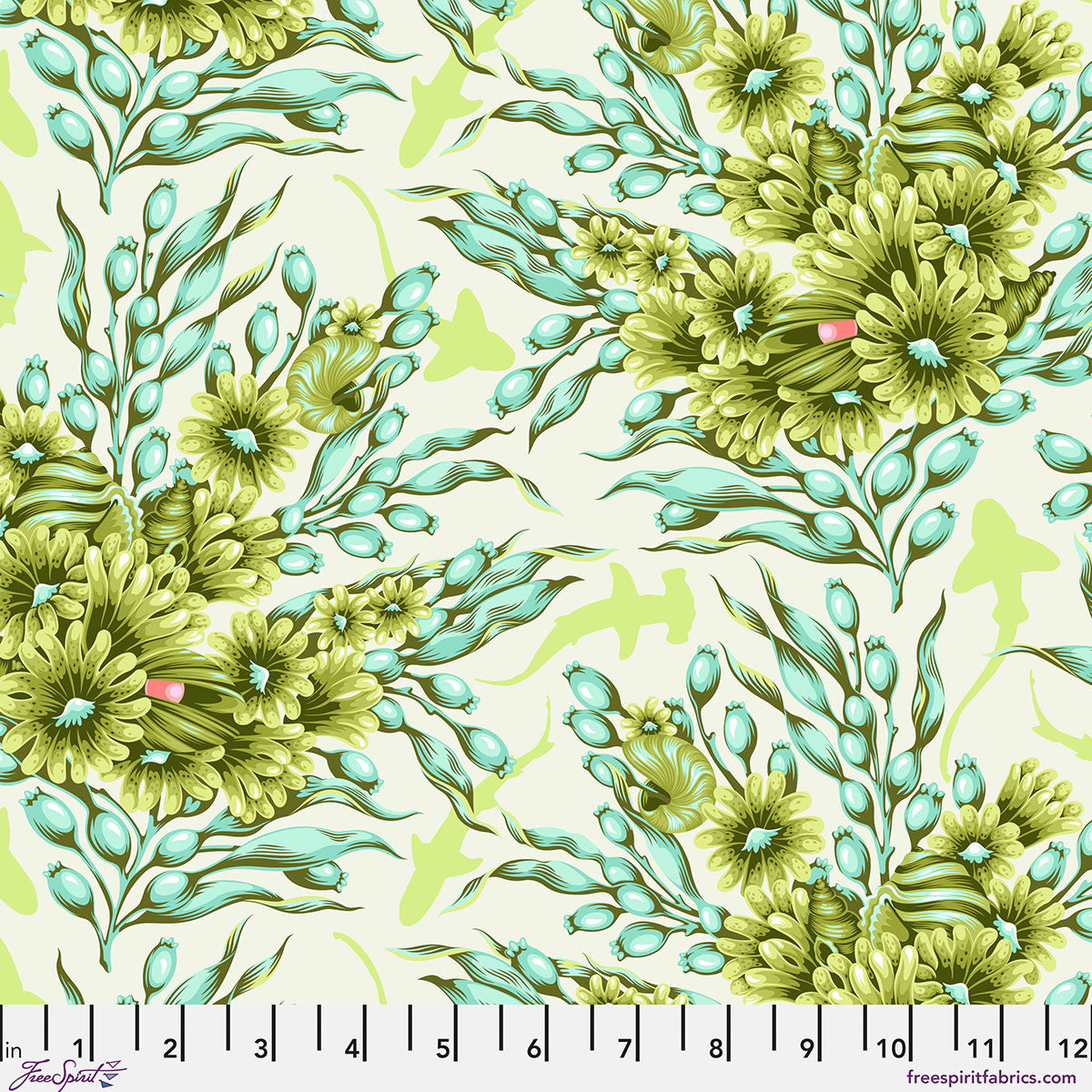 Bouquets of seaweed and shells in shades of green and teal with a pink pearl at the center. Shark shadows swim between boquets on a pale blue green background