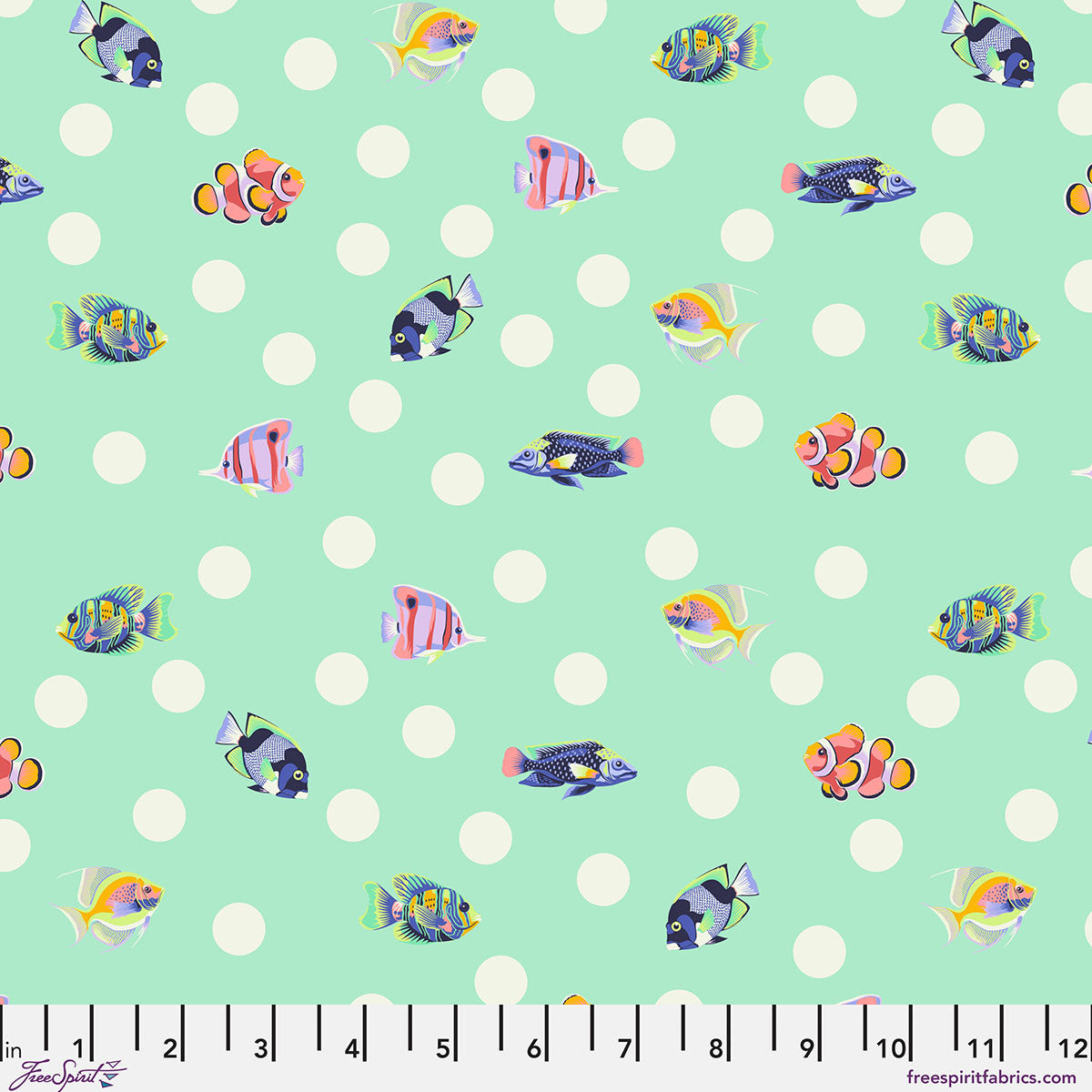 Bright tropical fish interspersed with white polkadots on a bright teal background