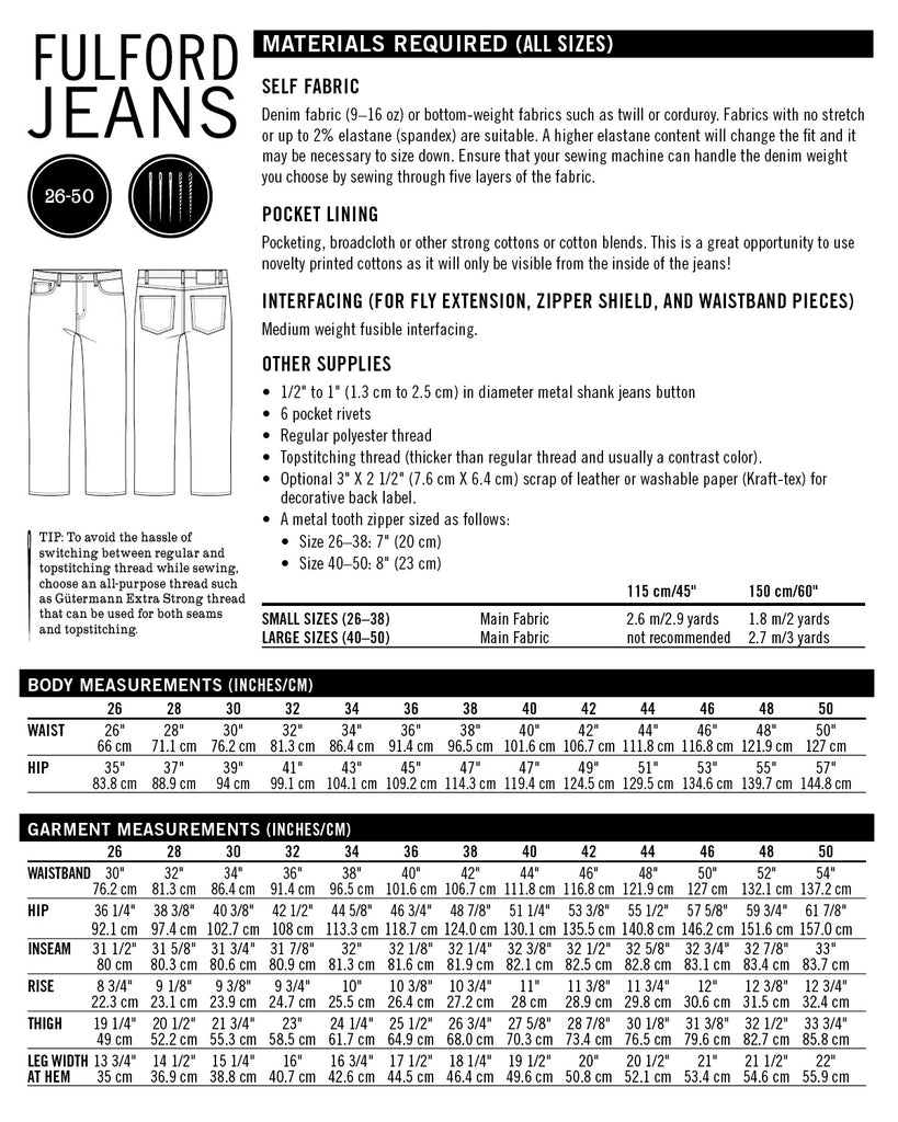 Thread Theory - Fulford Jeans - PDF and Printed Pattern