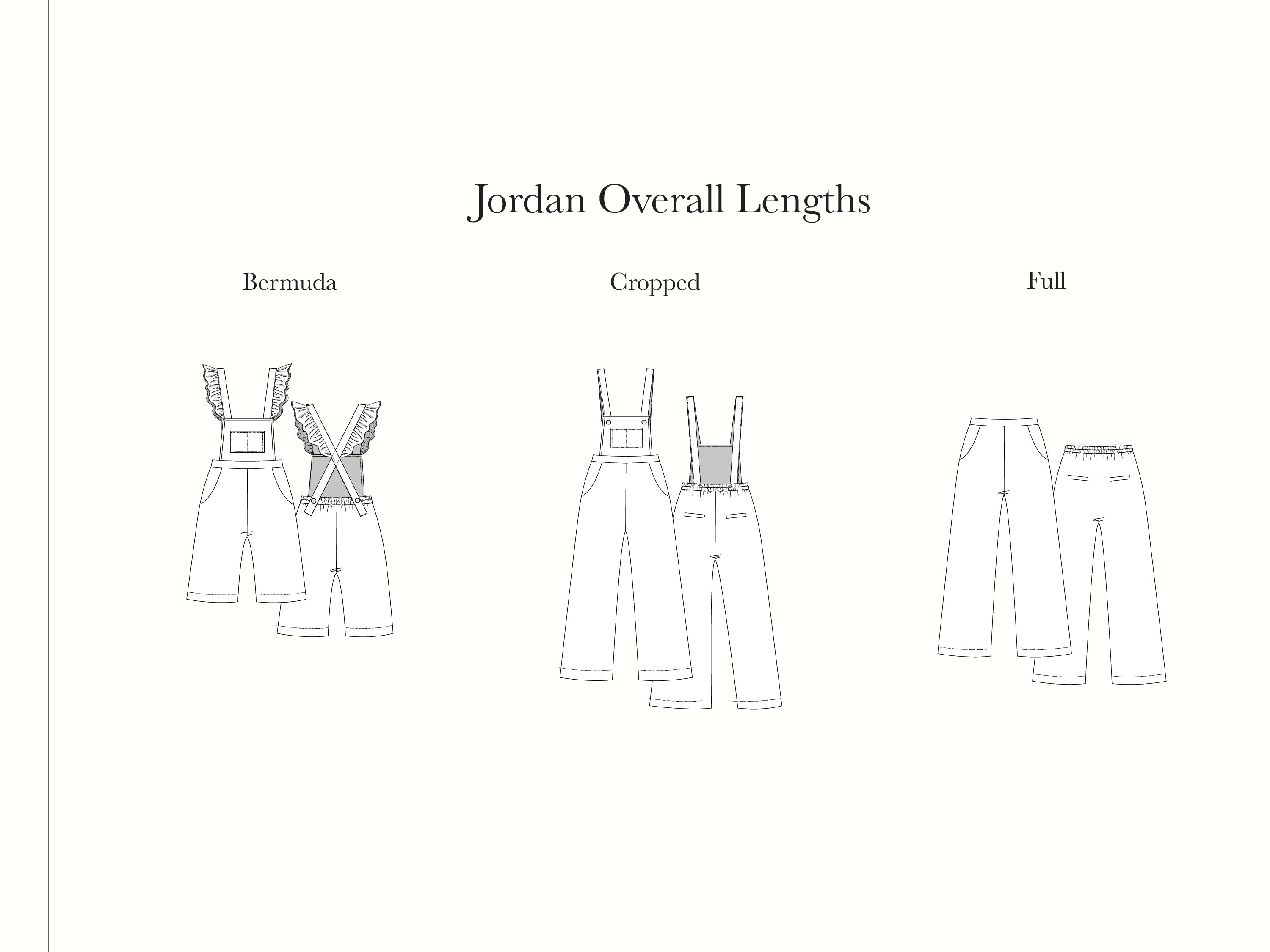 Illustration of Jordan overalls in different lengths on a white background