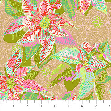 Fabric with large pink and green poinettias with a beige background.