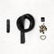 Black leather strap with hardware components on a white background