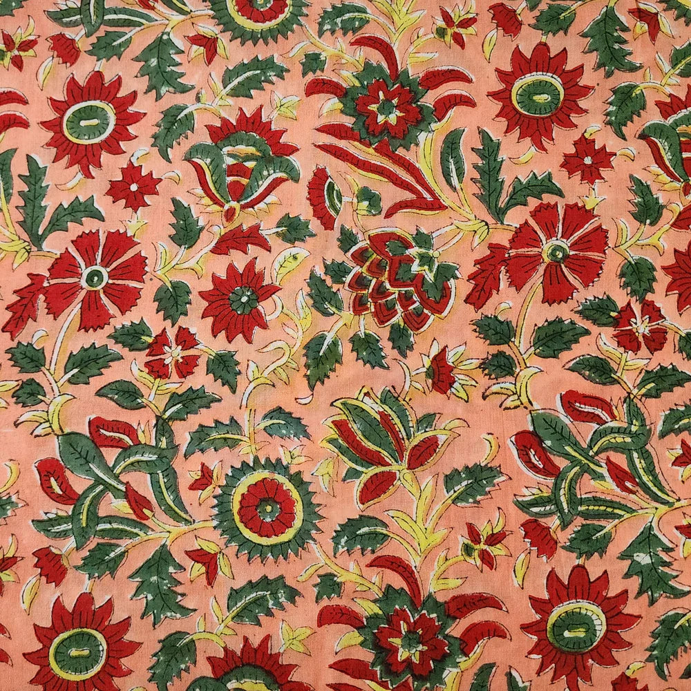 Jaipuri - Hand Block Print Cotton - Orange With Red Flowers