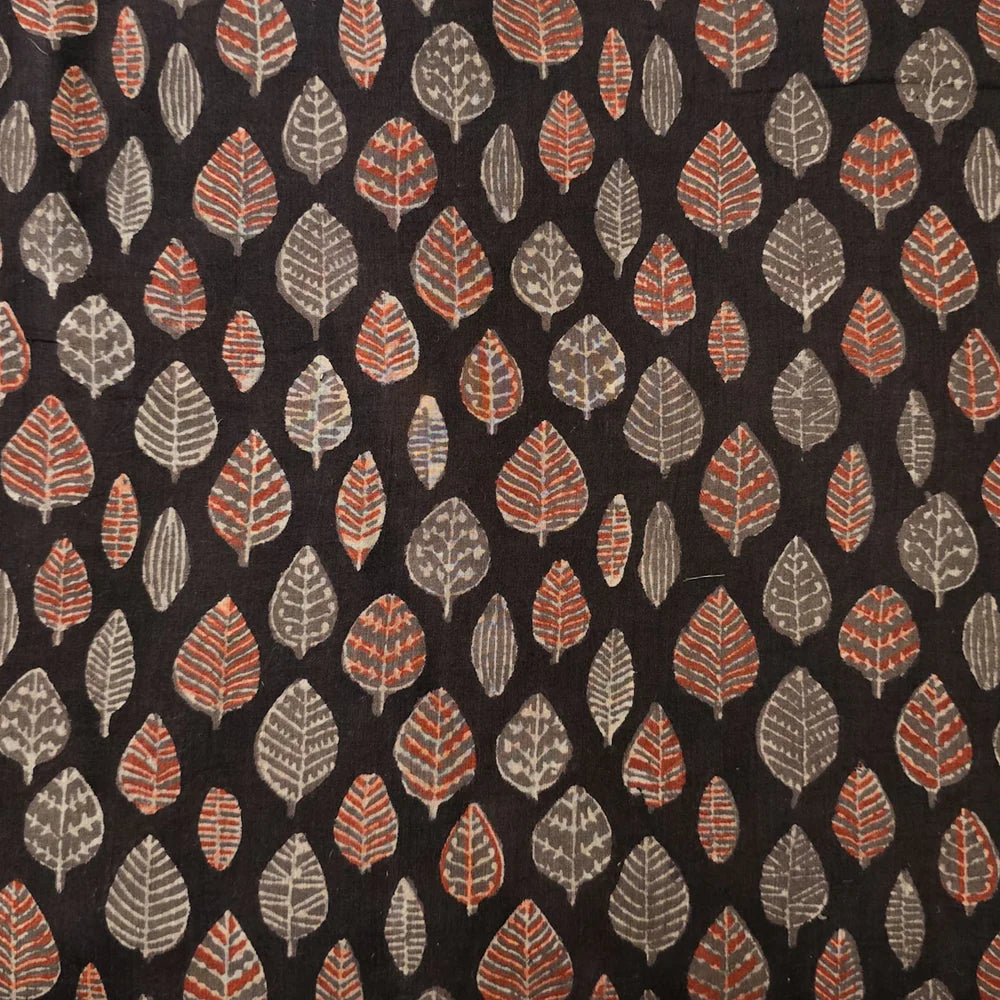 Vanaspati - Hand Block Print Cotton - Black With Red Leaves Motif