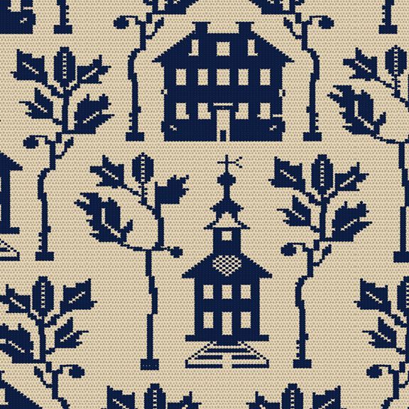 Patterned fabric with blue houses and trees on a beige background