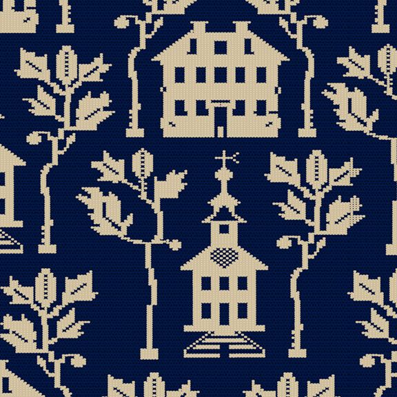 Patterned fabric with houses and trees on a blue background