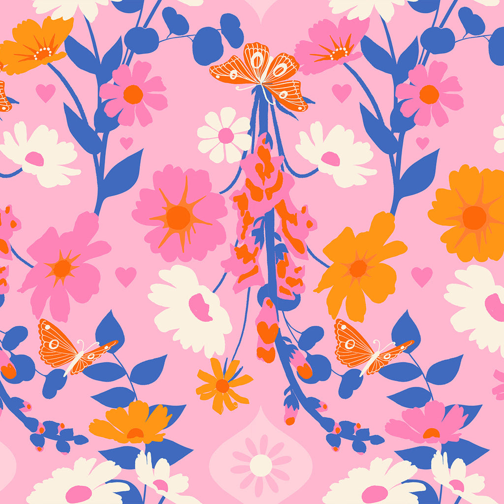 Ruby Star Society fabric Colorful floral pattern with butterflies on a pink background