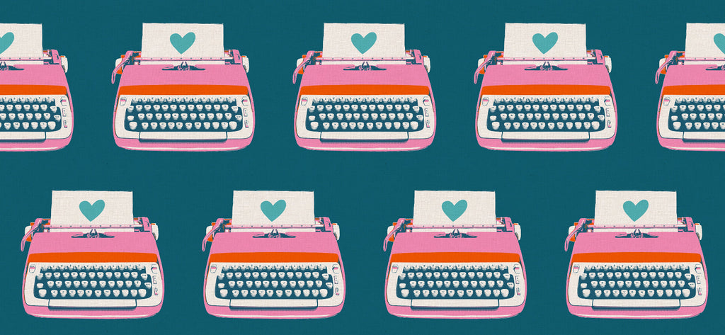Pattern of pink typewriters with white paper and hearts on a teal background