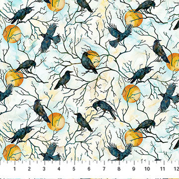 fabric with a white background with dark ravens on branches and yellow moons