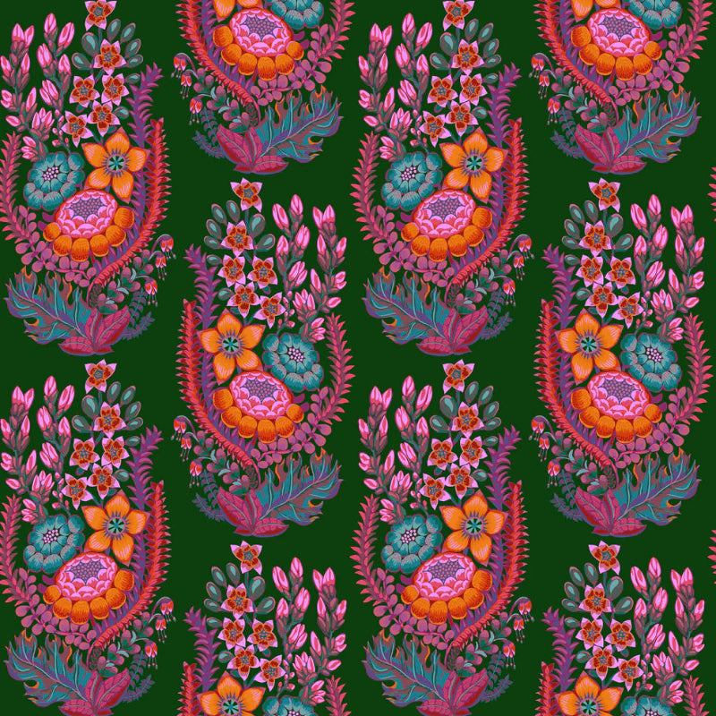 Fabric with colorful warm pink and orange floral pattern on a dark green background.