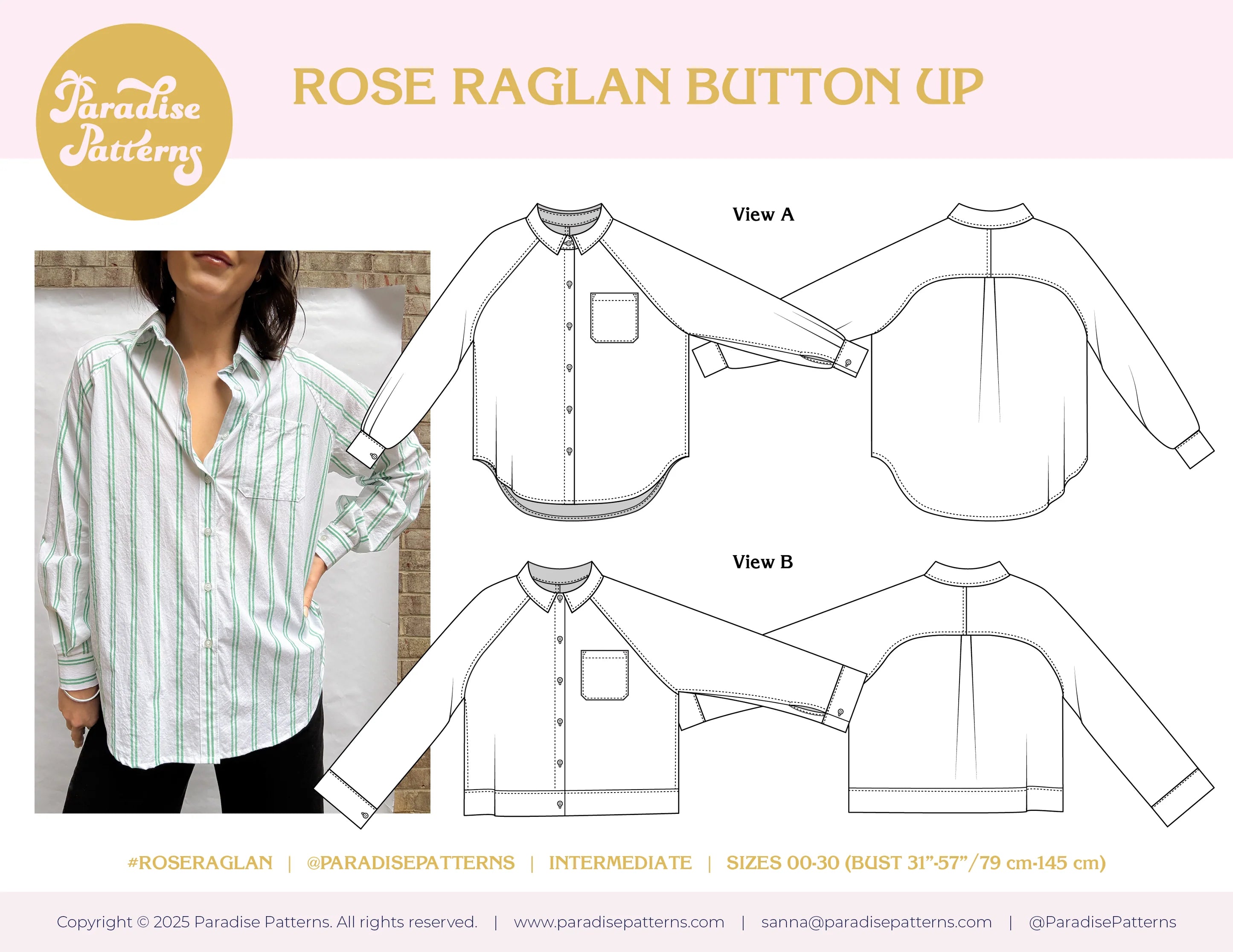 Paradise Patterns - Rose Raglan Button Up - PDF and Printed Pattern