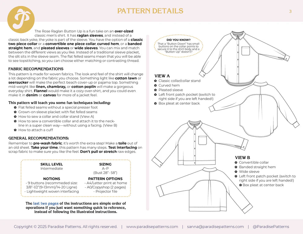 Paradise Patterns - Rose Raglan Button Up - PDF and Printed Pattern