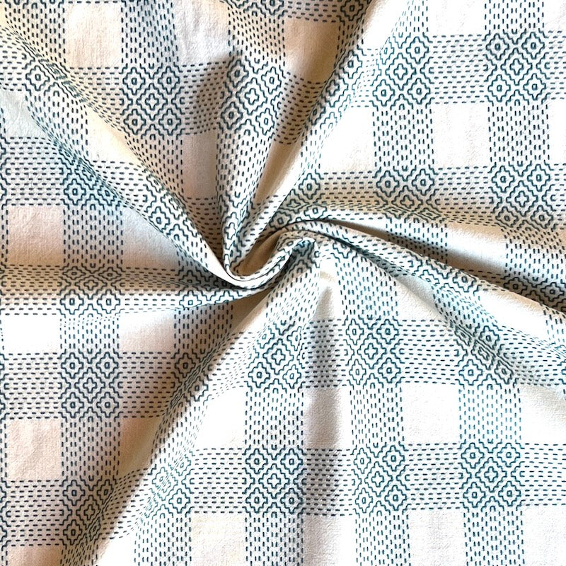 Sevenberry - Cotton Sheeting - Sashiko-Stitched Plaid - White & Navy Persimmon