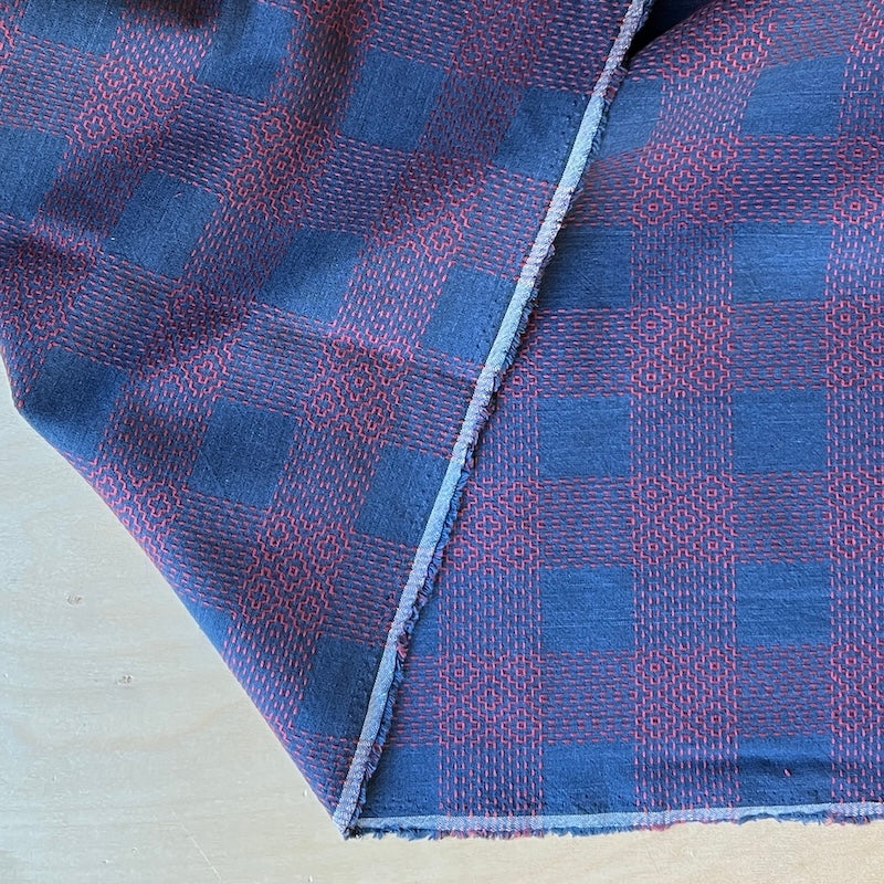 Sevenberry - Cotton Sheeting - Sashiko-Stitched Plaid - Blue & Red Persimmon