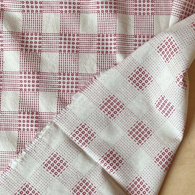 Sevenberry - Cotton Sheeting - Sashiko-Stitched Plaid - White & Red Open Squares