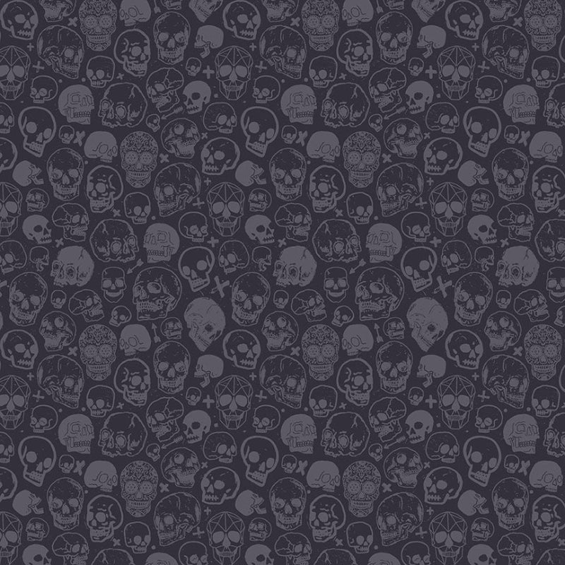 Fabric with stylized skulls  and crosses on a gray background