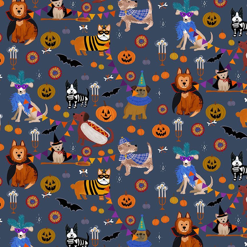 Fabric with dogs in haloween costumes on a dark background