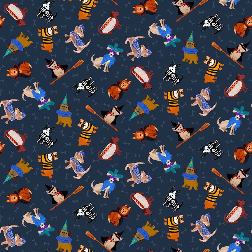 Fabric with dogs in halloween costumes on a dark background