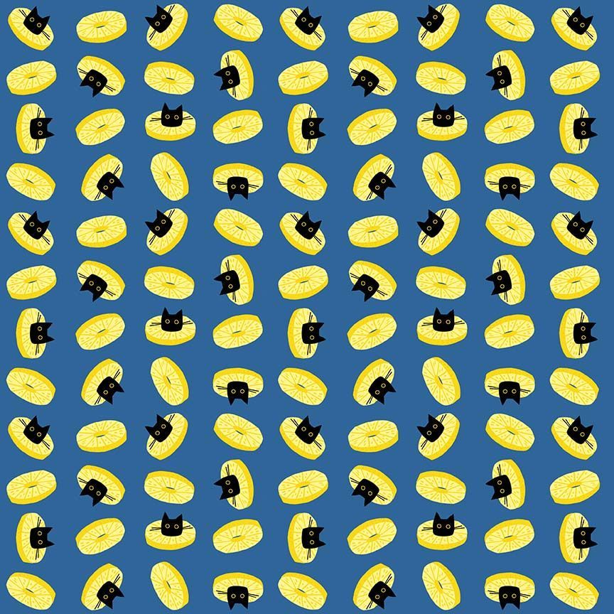 Pattern of black cats on yellow donuts against a blue background
