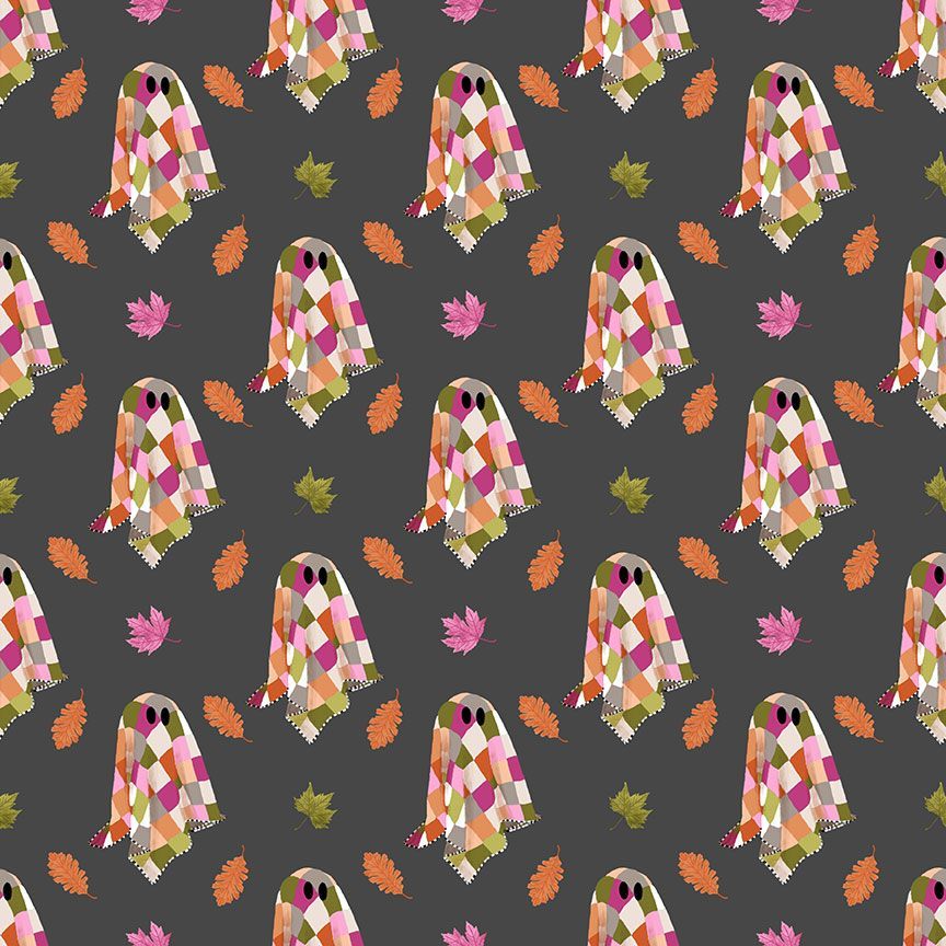 Fabric with multicolored patchwork ghosts  and leaves on an iron gray background 
