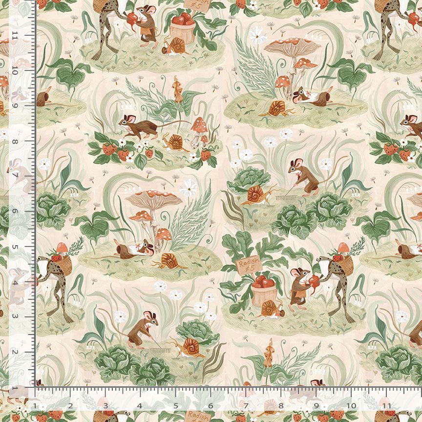 Quilting cotton fabric featuring whimsical illustrations of a mouse, frog, and snail engaged in wholesome exchanges on a cream colored background