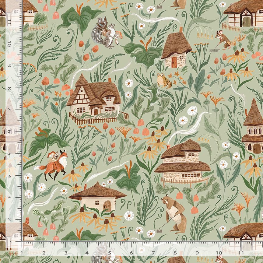 Fabric with a nature-themed pattern featuring houses, animals, and plants on a green background.