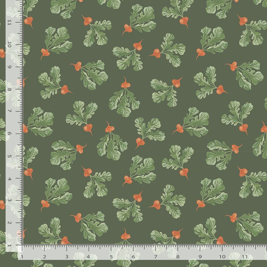 Dusty dark green quilting cotton fabric with illustrated radishes
