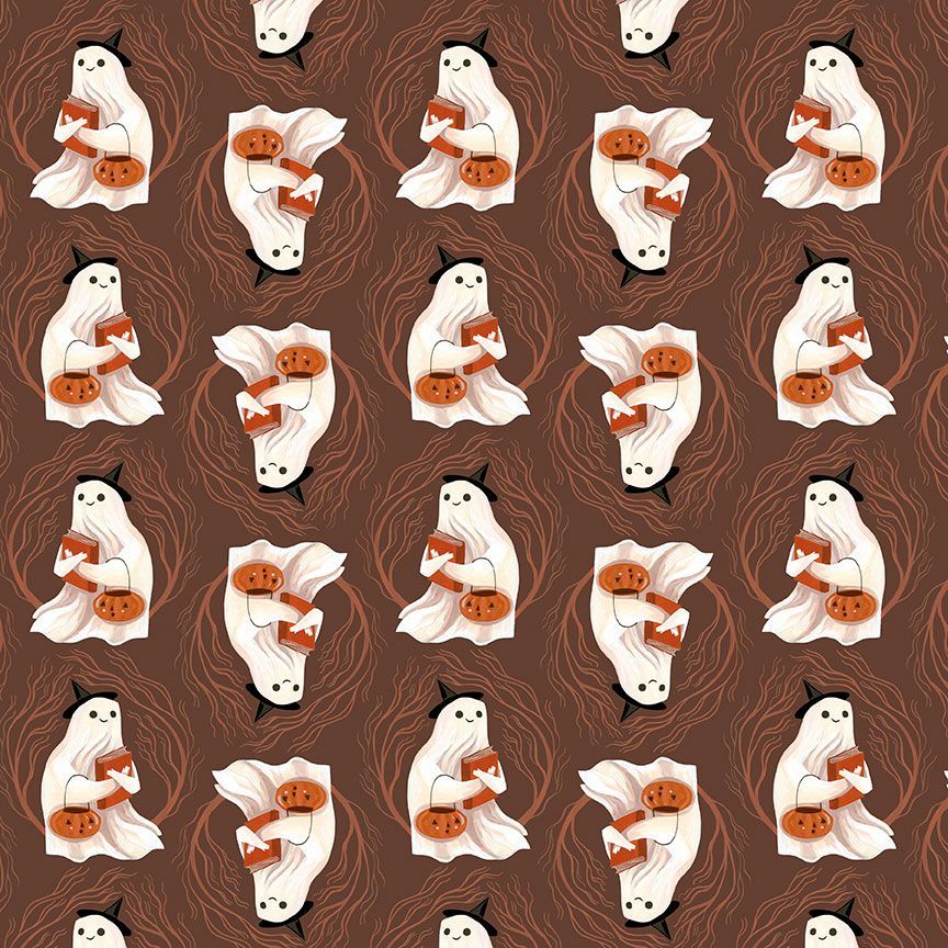 Ghosts holding a book and pumpkin bag on a brown background