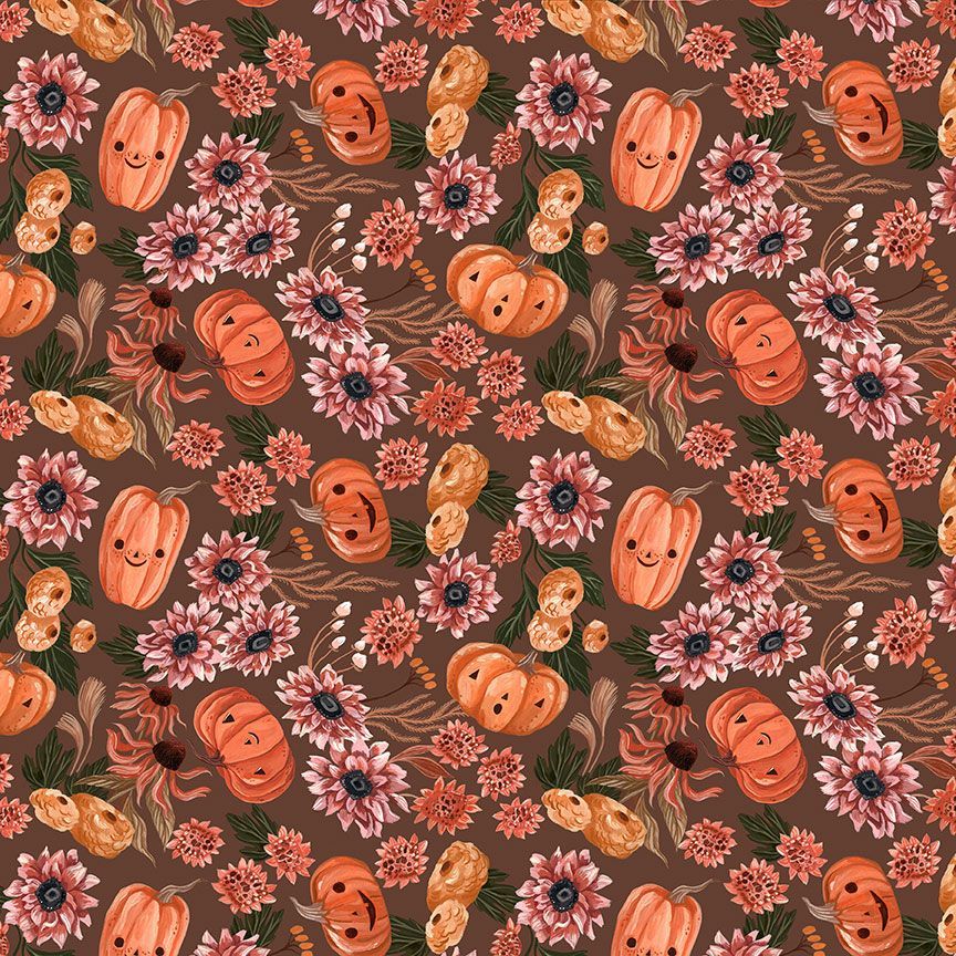 Fabric with pumpkins and flowers on a toffee brown background.