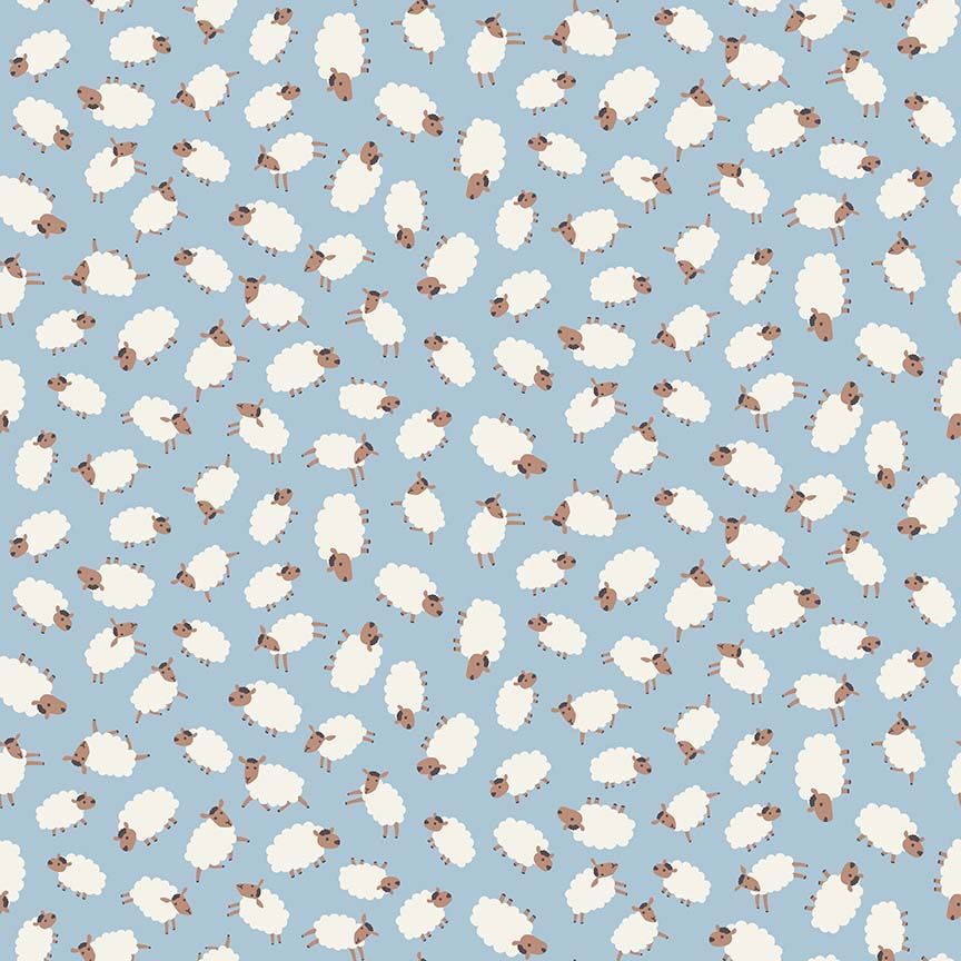 Blue flannel fabric with a white sheep pattern