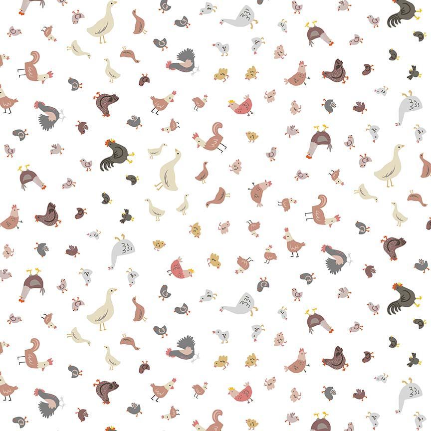 White flannel fabric with a colorful farm birds print.