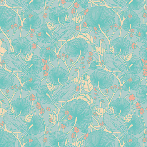 Aqua floral pattern with peach leaves and stems, blue bird, and coral buds  on a pale blue ground. 