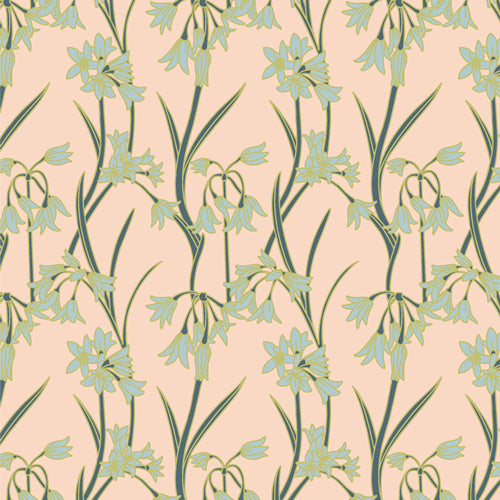 pale teal leek blossoms on dark green stems and pale pink ground. Pattern has an elegant flow.