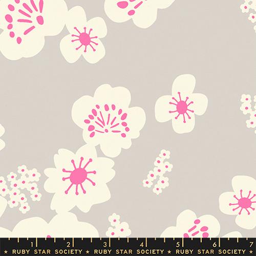Floral pattern with pink centers and white petals on a gray background, featuring Ruby Star Society label.