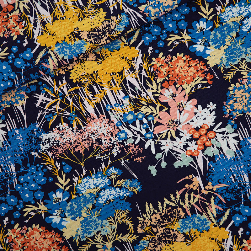 See You at Six - Cotton Gabardine Twill - Wild Flowers - Evening Blue