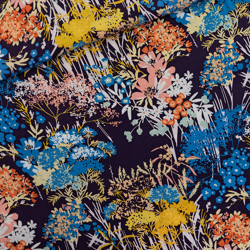 See You at Six - Ecovero Viscose Rayon Satin - Wild Flowers - Evening Blue